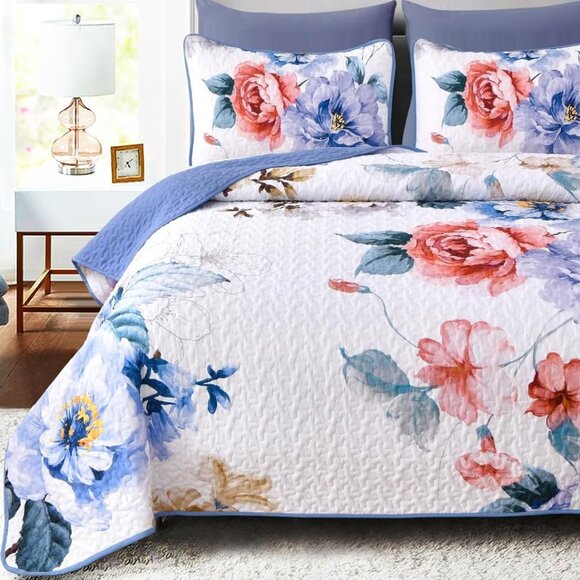 New Botanical Blue Floral 3 PC Bedding 100% Polyester Quilt Set • QUEEN Size - Picture 1 of 7